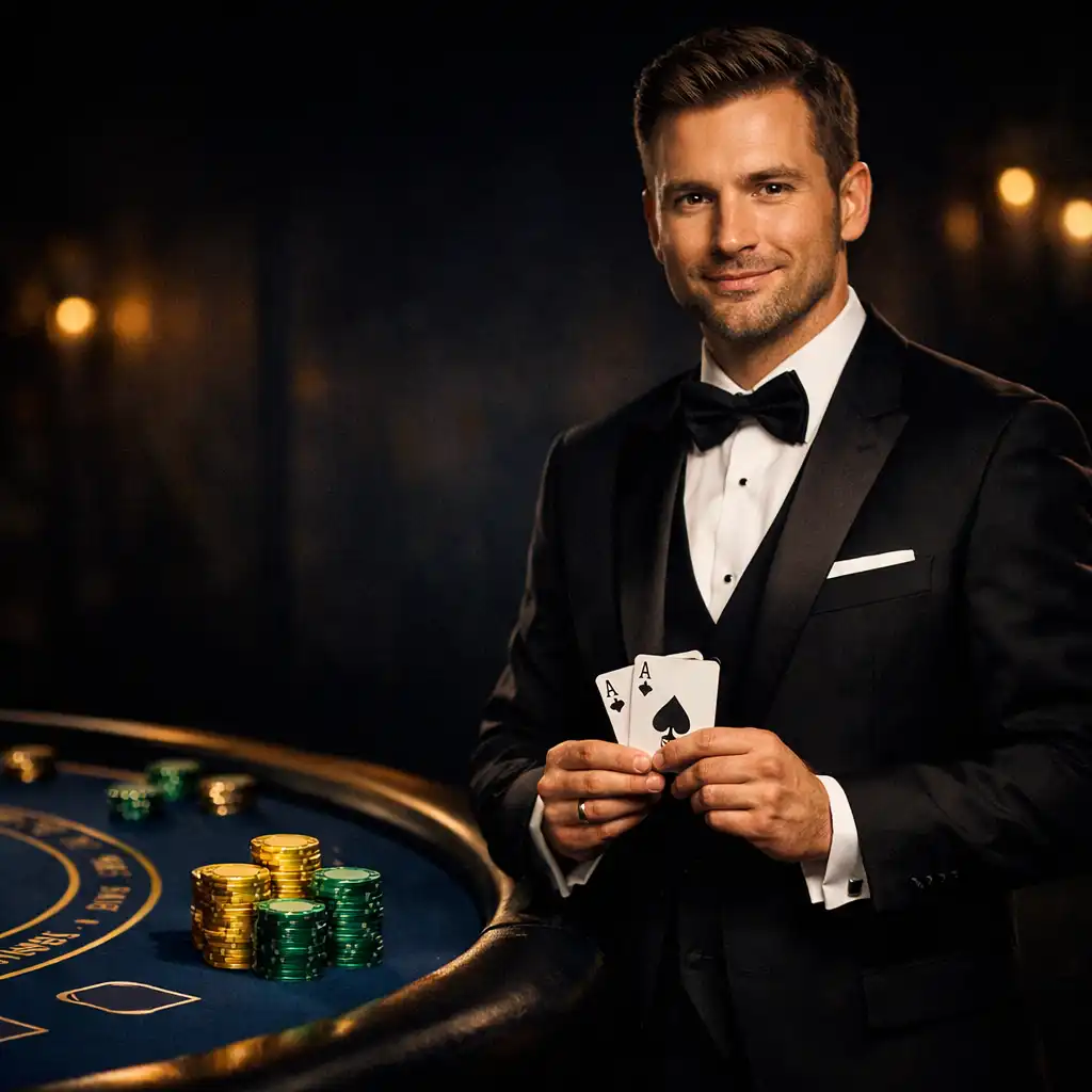 Profesjonalny krupier w smokingu przy stole do blackjacka