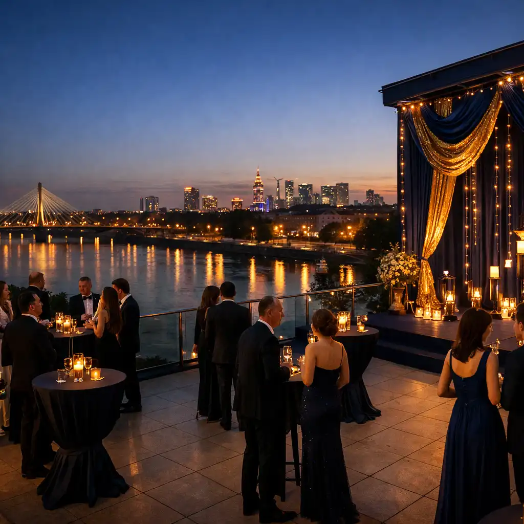 Elegancka gala nad Wisłą w Warszawie o zmierzchu, goście w formalnych strojach przy wysokich stolikach, w tle światła miasta odbijające się w wodzie