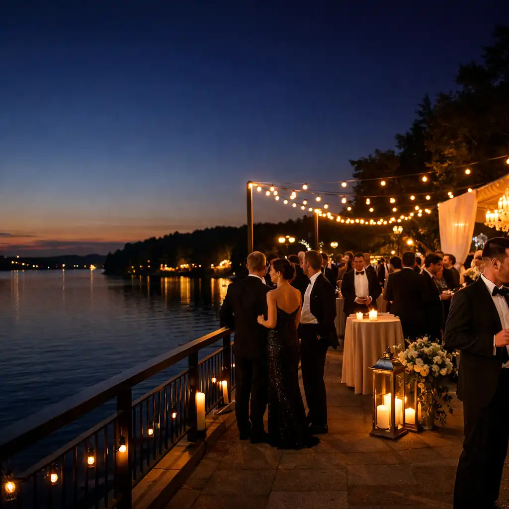 Elegancka gala nad wodą o zmierzchu z gośćmi w formalnych strojach
