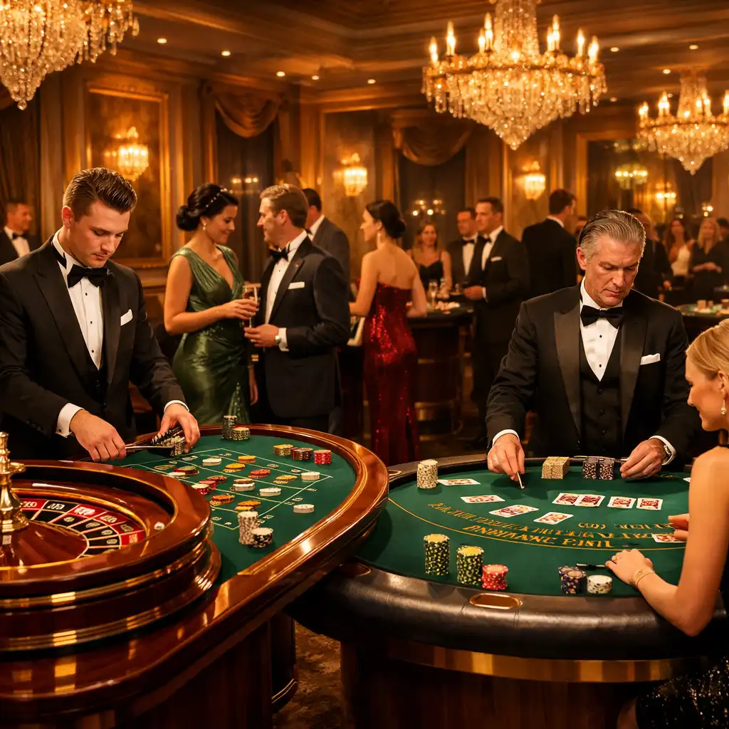 Wieczór pokerowe w eleganckiej sali ze stołami do ruletki i blackjacka oraz profesjonalnymi krupierami